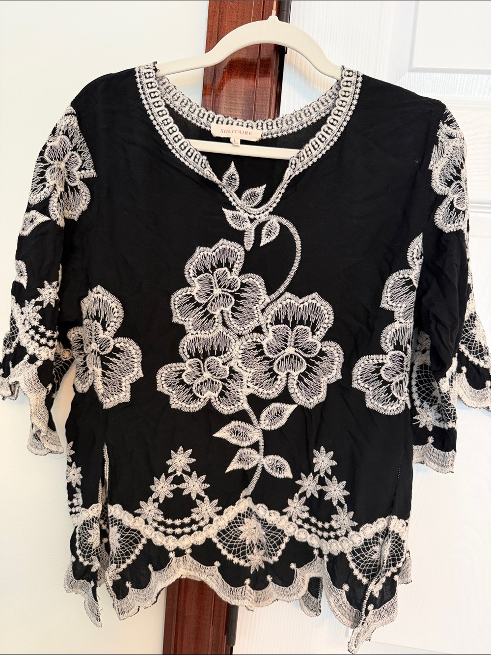 Solitaire Black Top with White Floral Embroidery